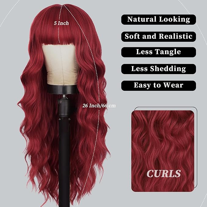 Lativ Red Wig With Bangs Long Red Wigs for Women 26 Inches Curly Wavy Hair Natural Looking Heat Resistant Fiber Wig for Girls Halloween Party Use