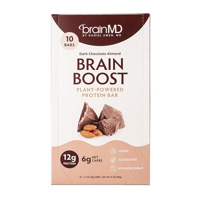 BRAINMD Brain Boost Dark Chocolate Almond - 10 Plant-Powered Protein Bars - Vegan Gluten Free Keto Friendly