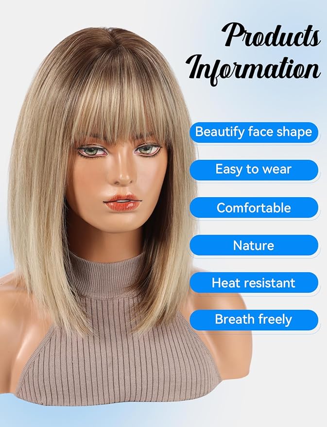 HAIRCUBE Bob Wigs for Women Synthetic Wig with Fringe Blonde with Dark Roots Color