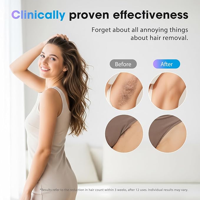 Laser Hair Removal Device at-Home IPL Hair Removal for Women &amp Men - Safe 45°F Ice-Cooling Contact for Painless &amp Long-Lasting Results 86% Hair Reduction in 3 Weeks for Full Body Gold/White