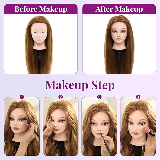 28 Mannequin Head with 80% Human Hair - Cosmetology Makeup Manikin Doll Head for Hair Styling Hairdressing Training Practice Braiding Head with Table Clamp Styling Set Suitable for Hair Extensions