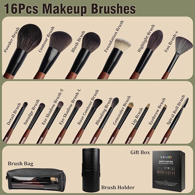 Makeup Brushes 16 Pcs Makeup Brush Set Professional Wood Handle Travel Make Up Brushes Set with Case Premium Cruelty-Free Synthetic Fiber Hair Makeup Brush Kit with Holder
