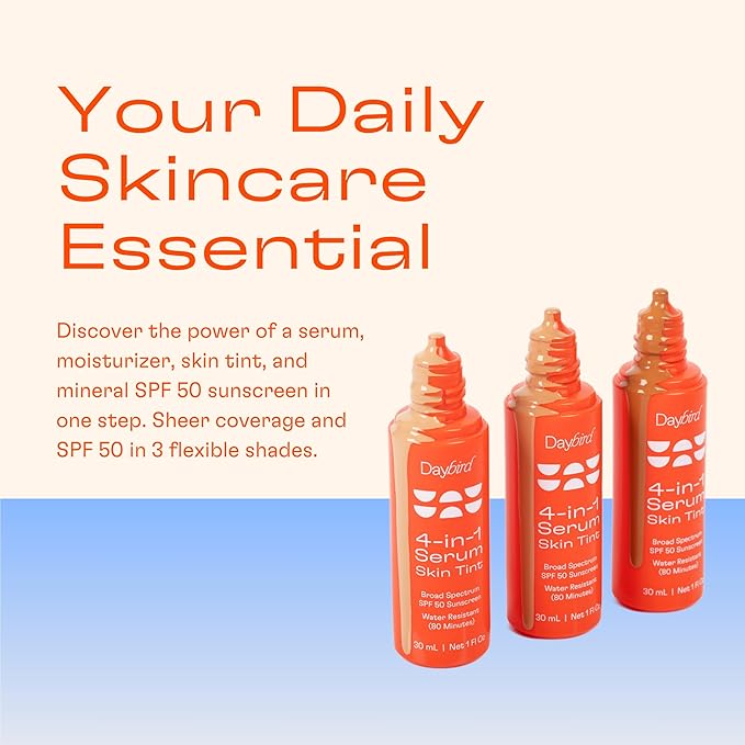 Daybird 4 in 1 Tinted Serum Tinted Moisturizer and Sunscreen for Face SPF 50+ Niacinamide 1 Ounce (Medium-Deep)