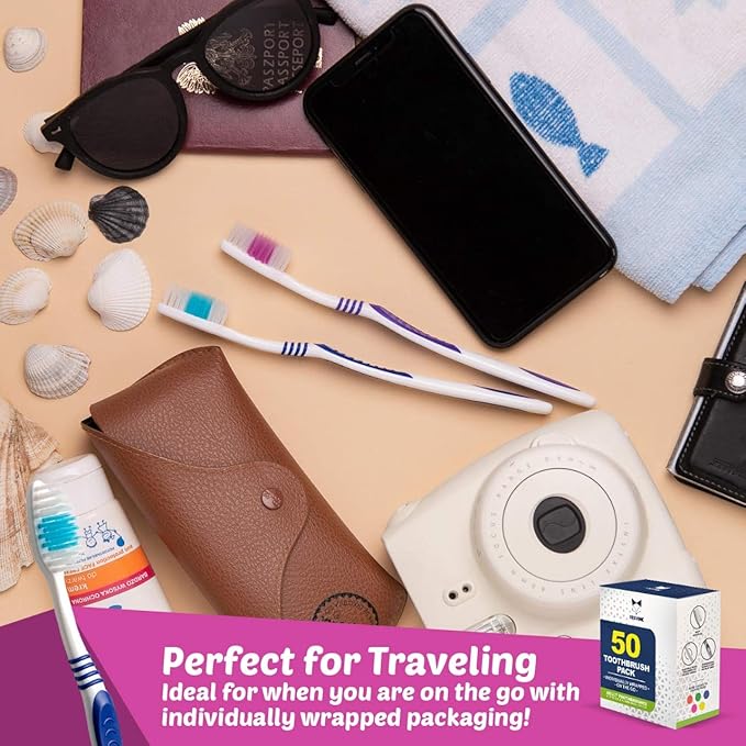 Bulk Toothbrushes 50 Pack | Individually Wrapped Travel Toothbrush Set for Adults &amp Kids | Made with a Medium-Soft Large Brush Head | BPA-Free &amp Disposable!