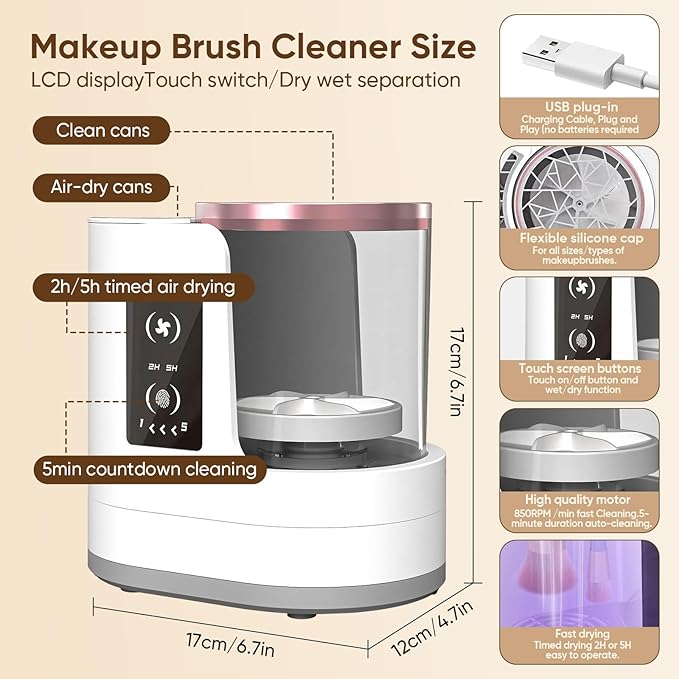Electric Makeup Brush Cleaner 3-in-1 Automatic Brush Cleaning Machine Dual-Direction Cleaning Adjustable Drying Fits All Brush Sizes Efficient &amp Quick (Upgraded 2025 Edition)