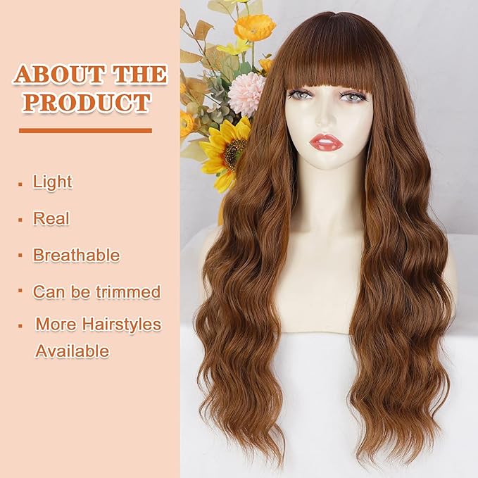 Lativ Auburn Wig with Bangs Long Wavy Ginger Wig Natural Looking Heat Resistant Synthetic Curly Full Wigs for Women Daily Use 26 Inches