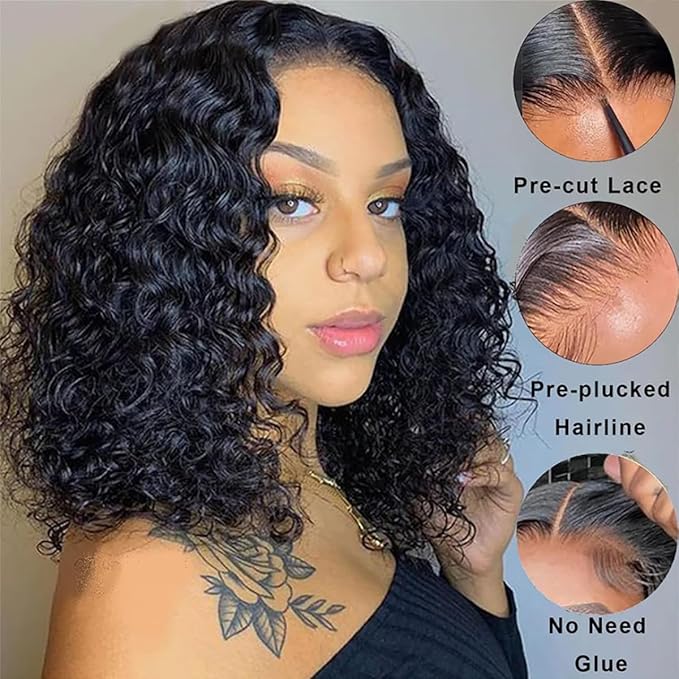 Wear and Go Glueless Curly Bob Wig Human Hair 4x4 Lace Closure Wigs Brazilian Virgin Human Hair Wigs for Black Women Wet and Wavy Deep Curly Pre Plucked Pre Cut(14 Inch)