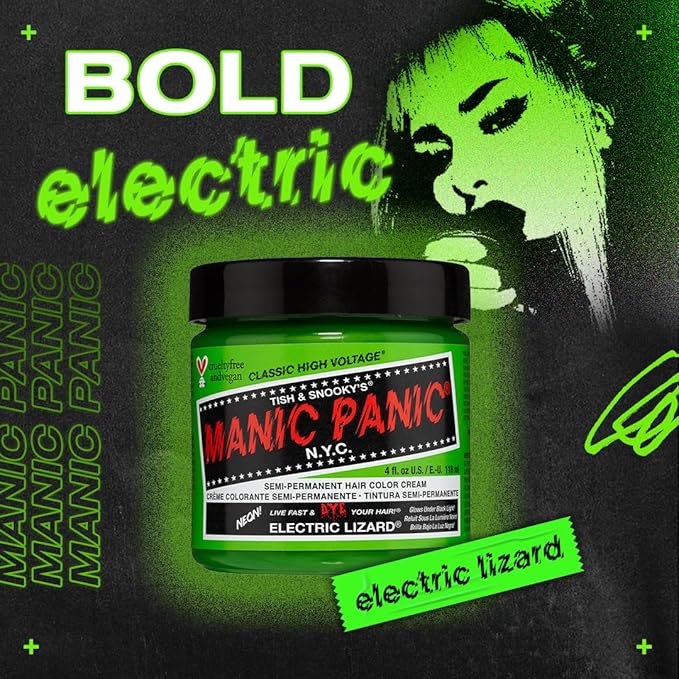 MANIC PANIC Classic Electric Lizard Semi Permanent Hair Color - Bright Neon Green Hair Dye for Women &amp Men That Lasts 4-6 Weeks - Vegan Ammonia &amp Cruelty-Free - Create &amp Mix Custom Shades