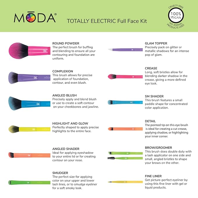 Moda Totally Electric 13pc Full Face Makeup Brush Set ? Bold Colorful Vegan Brushes for Face &amp Eye Makeup Blending Contouring and More