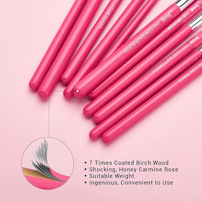 Jessup Professional Natural-Synthetic Eye Makeup Brushes Set 15pcs for Eyeshadow Blending Concealer Eyeliner Eyebrow Rose Carmine/Silver T197