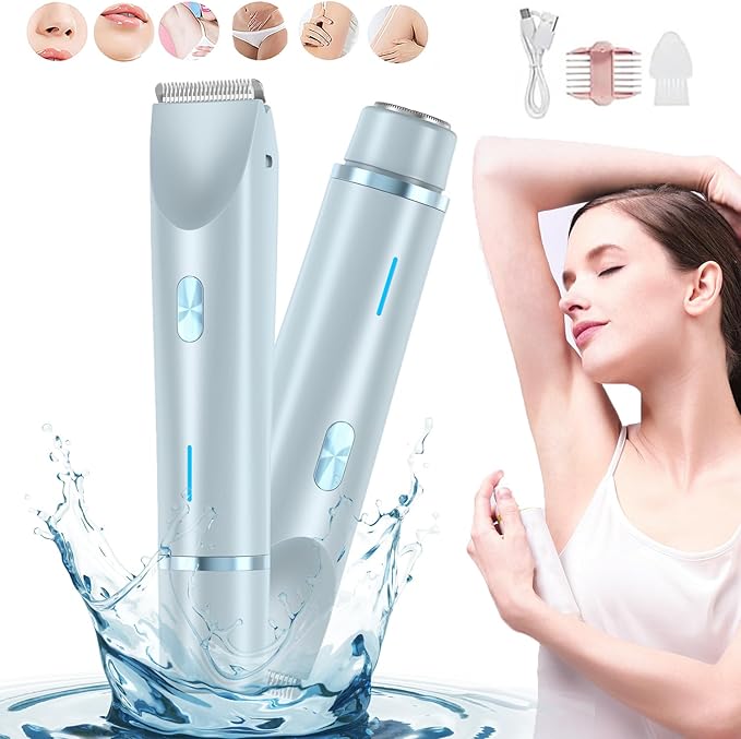 2-in-1 Women's Body Shaver Electric Razor 2-in-1 Women's BodyShaver 2.0 BikiniShaver Dual Head Wet &amp Dry for Pubic Hair (Blue)