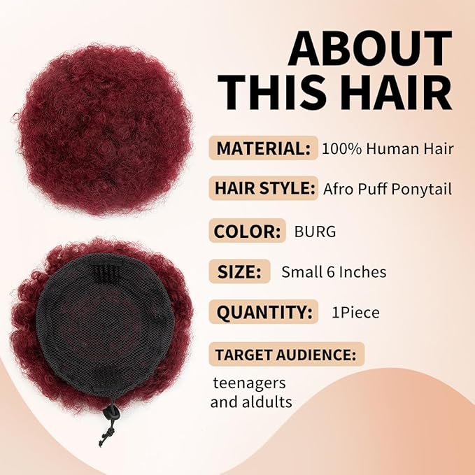 Boymia Afro Puff Drawstring Ponytail #BURG Burgundy 6 Inch Afro Kinky Curly Hair Bun Hairpieces Clip On Kinky Drawstring Curly Ponytail Bun 100% Remy Human Hair Naturally Styled Hairpiece
