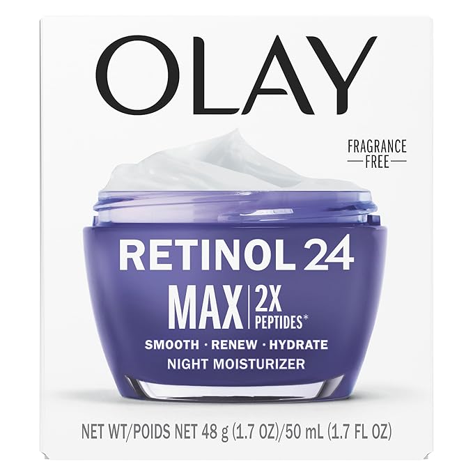 Olay Retinol Face Moisturizer 24 MAX Anti-Aging Night Cream for Women Fragrance-Free Non Greasy - Anti-Wrinkle Smooth Fine Lines Tightening Hydrating Skin Care - Peptides Glycerin 1.7 Oz