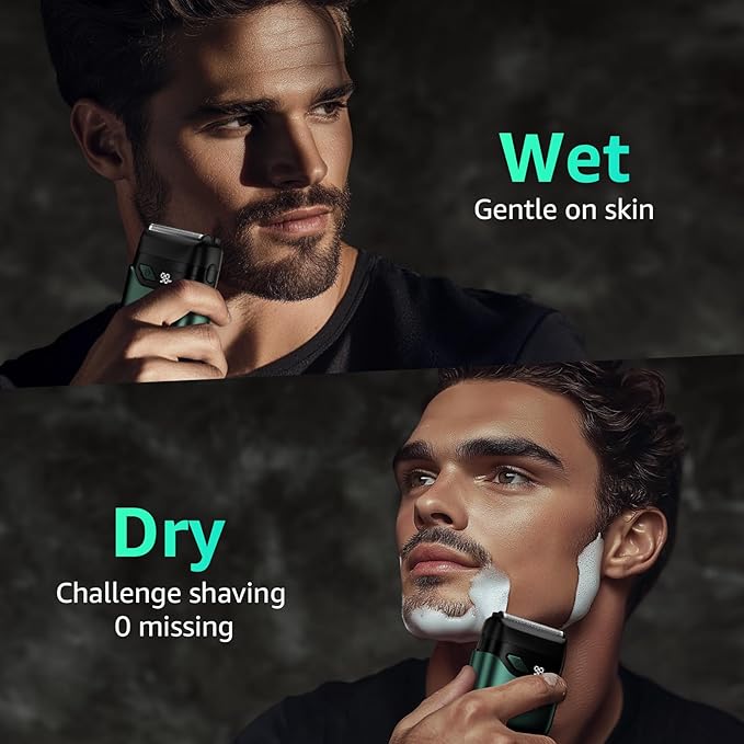 Electric Foil Shavers for Men Mini Electric Razor Compact Face Shaver IPX7 Waterproof Wet Dry Cordless Razor LED Display USB-C Fast Rechargeable Emerald Green