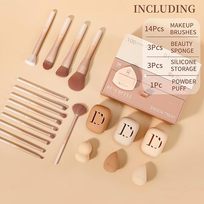 DUcare 21pcs Christmas Makeup Gift Setwith 14Pcs Makeup Brush set 3pcs Makeup Sponges 3pcs Sponge Holder 1pc Powder Puff for Foundation Blending Powder Blush Eyeshadows