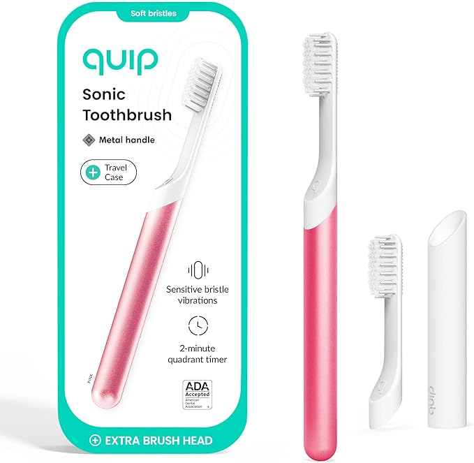 Quip Sonic Toothbrush for Adults with Timer - Includes Extra Brush Head and Travel Cover Mount - Electric Soft Bristle Refill Head Metal Handle 3 Month Battery Life - Travel Toothbrush - Pink