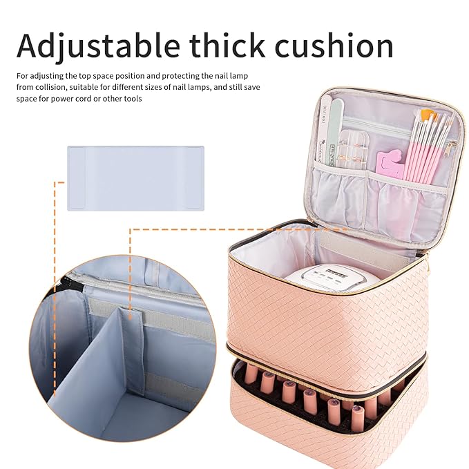 Portable Nail Polish Storage Bag with UV Light Case - Holds 30 Bottles and 1 UV LED Nail Lamp Double-Layers Nail Dryer Case for Gel Nail Polish Kit Nail Art Decorations (Woven Pink)
