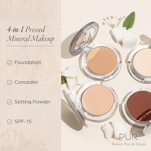 P?R MINERALS 4-in-1 Pressed Mineral Makeup Powder Foundation with SPF 15 - Concealer &amp Finishing Compact Pressed Powder for Face - Buildable Medium to Full Coverage Foundation Powder
