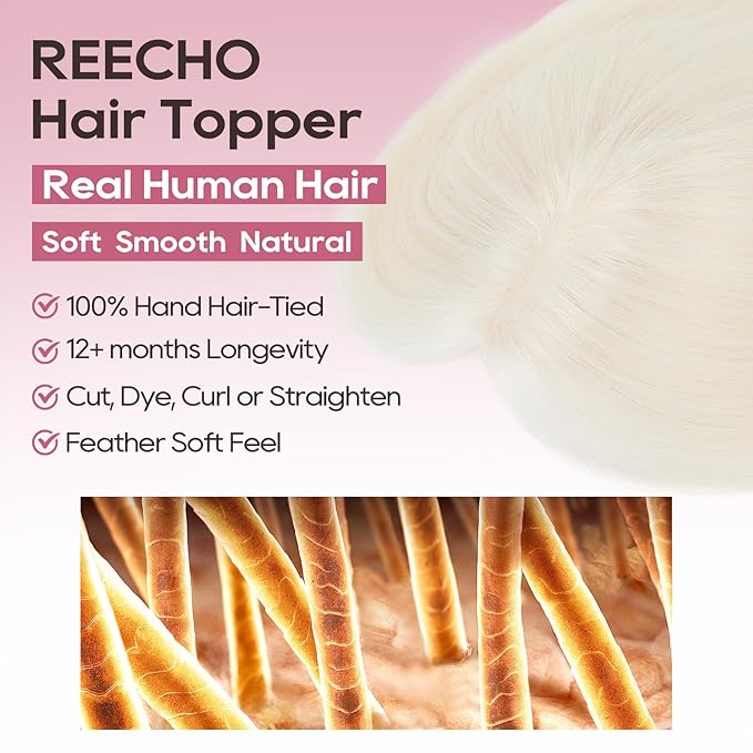 REECHO Hair Toppers for Women Real Human Hair Seamless Human Hair Toppers with Bangs 360° 3D Cover Clip in Bangs Hair Extensions for Daily Wear White Blonde