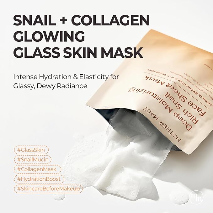 MOTHER MADE Glowing Glass Skin Hydrating Snail Deep Collagen Face Masks Set of 20 EA with Niacinamide 2% Vitamin E Facial Mask for Dry Sensitive Skin Self Care Korean Skincare