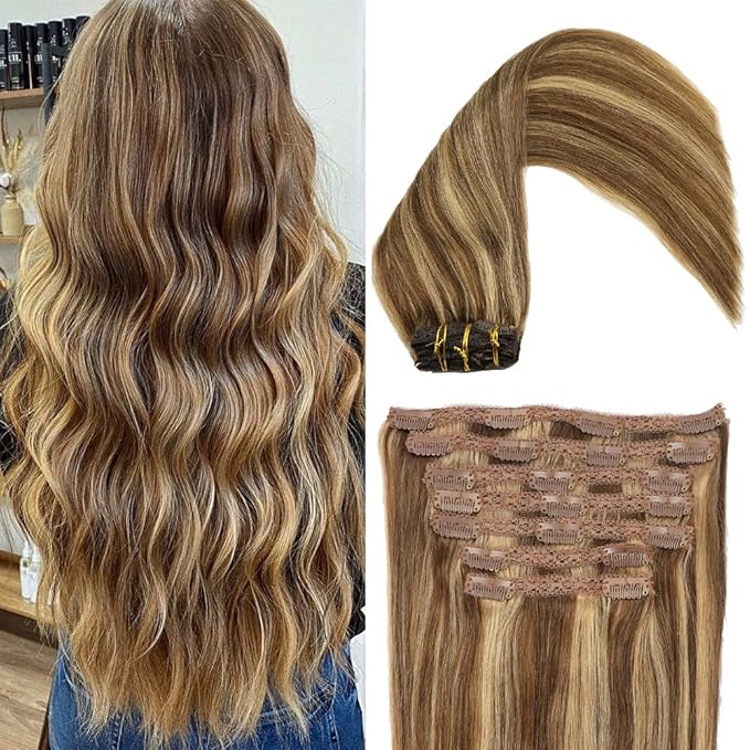 Human Hair Lace Clip In Hair Extensions Thick Ends Highlights Piano Color Chocolate Brown/Strawberry Blonde 16inch 100g Remy Hair Extensions