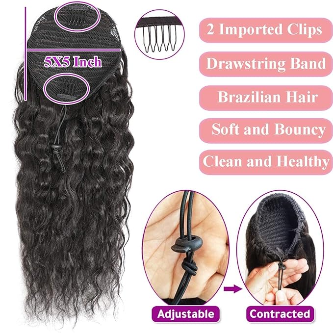 100% Human Hair Drawstring Ponytail Extension Water Wave in Natural Color 1B Corn Wave Ponytail Clip in Extensions for Black Women Full End Hair 18 Inch