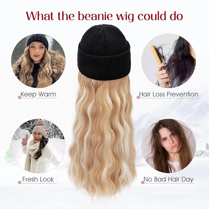 S-noilite Beanie Wig Hair Extensions18 Inch Long Wavy Hair Extensions with Knitted Hat Hairpieces for Women Winter Ash Blonde with Bleach Blonde