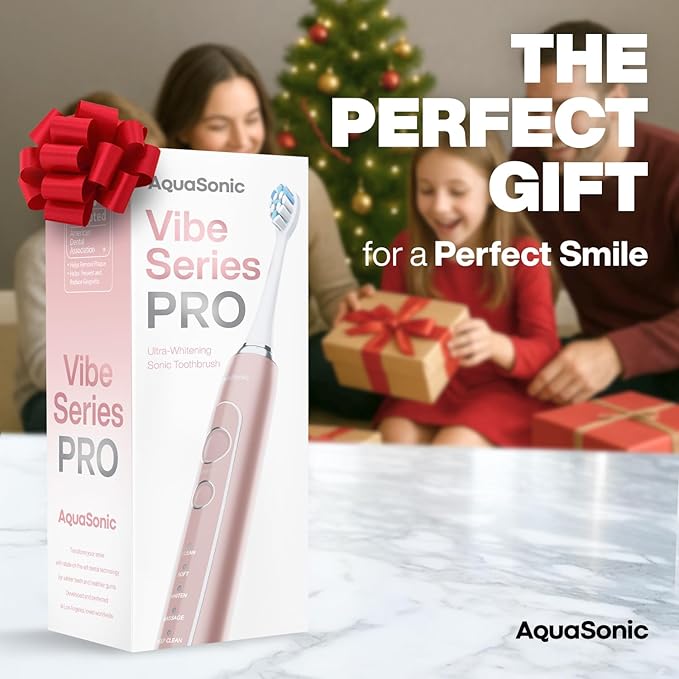 Aquasonic Vibe Series PRO ? Ultra-Whitening Electric Toothbrush ? 5 Modes &amp Smart Timers ? Premium Travel Case &amp 6 Proflex Brush Heads ? ADA Accepted Toothbrush (Rose Gold)