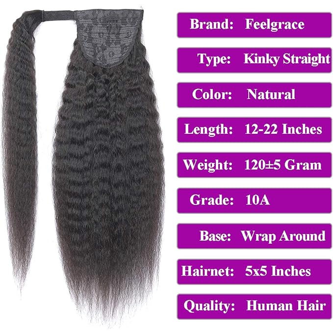 12 Inch Afro Kinky Straight Wrap Around Human Hair Ponytai Wrap Around Ponytail with Clips Soft and Bouncy Magic Yaki Kinky Straight Magic Paste Ponytail Virgin Remy Human Hair Extension