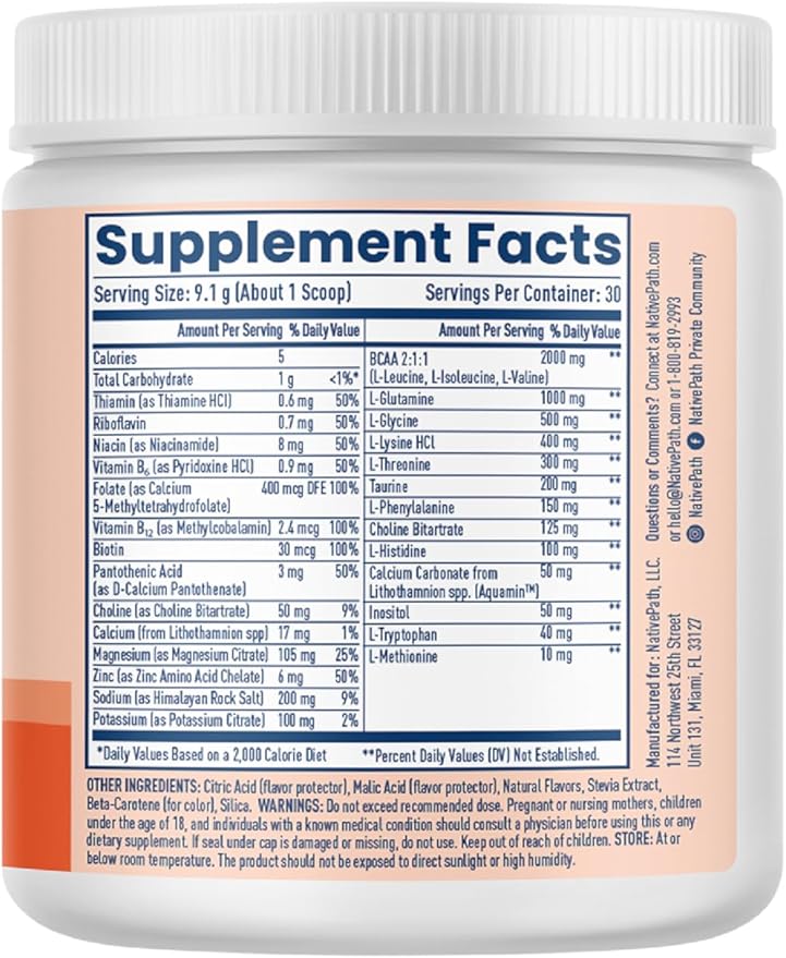 NativePath Native Hydrate Zero Sugar Electrolytes Powder with BCAAs Peach Mango Hydration Keto &amp Paleo Friendly 30 Servings
