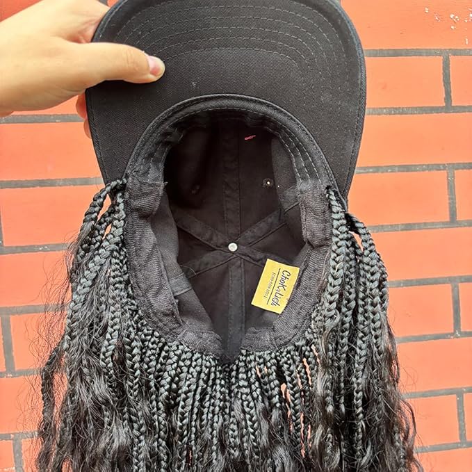 Boho Box Braids Hat Wigs with Human Hair Curly Ends Grab-and-Go Boho Braided Hair Extensions with Baseball Cap for Women Natural Black