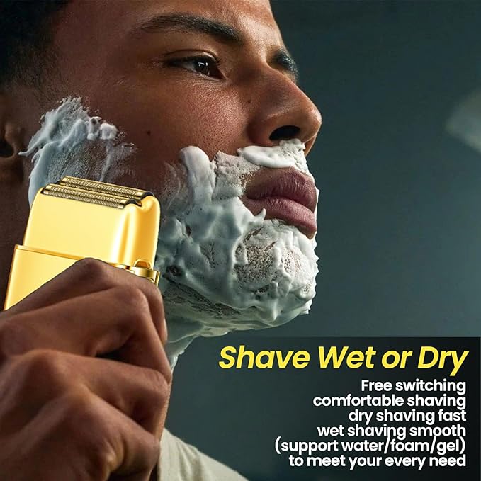 Electric Foil Shavers for Men 3 Speed Electric Razor for Men High Speed Dual Floating Blades IPX7 Waterproof Wet &amp Dry LED Display USB Type C Charging Foil Razor for Face/Beard/Head (Gold)