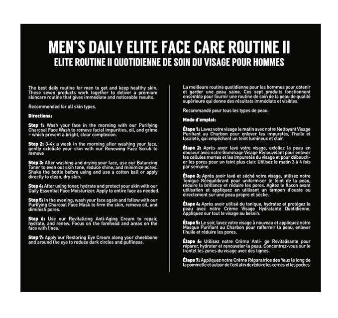 Brickell Men's Daily Elite Face Care Routine II Toner Charcoal Facial Wash Face Scrub Anti-Aging Night Cream Eye Cream Charcoal Mask and Moisturizer Natural and Organic Scented