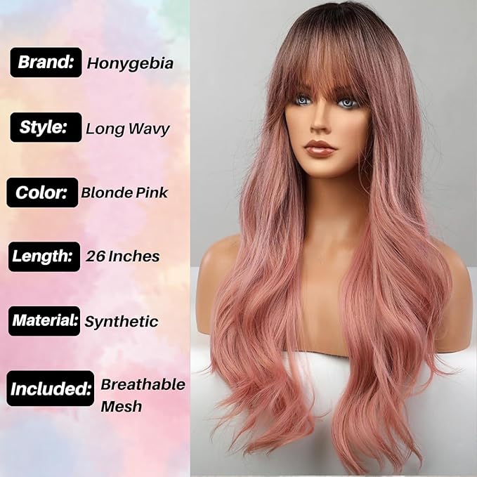 Honygebia Pink Wigs with Bangs - Long Ombre Pink Wigs for Women Light Wavy Heat Resistant Hair Pink Synthetic Dark Root Natural Looking - Best Wig for Halloween/Christmas/Cosplay/Party