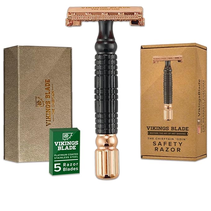 VIKINGS BLADE Double Edge Safety Razor for Men + 5 Swedish Steel Blades + Luxury Case. Smooth Reusable Eco-Friendly (Chieftain ?œOdin??