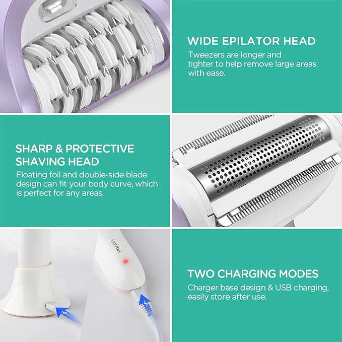 VOYOR Epilator for Women Cordless Epilators Hair Removal for Women 3 in 1 Hair Removal Device for Leg Arm Face with 30 Tweezers Rechargeable Wet &amp Dry Electric Lady Shaver &amp Trimmer BM300 (