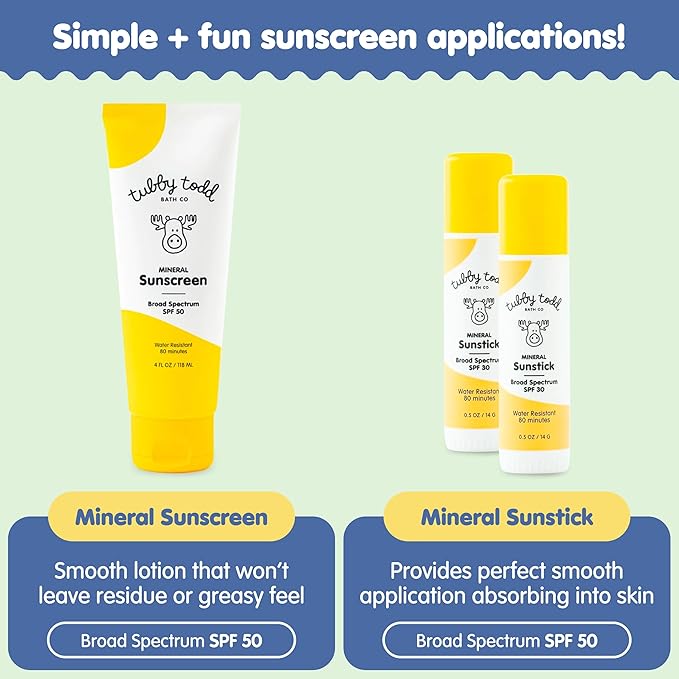 Tubby Todd Face and Body Mineral Sunscreen Kit for Baby Toddler and Kids - Sunscreen 4 Fl Oz and Sunstick 0.5 Oz Duo Bundle - Fragrance-Free