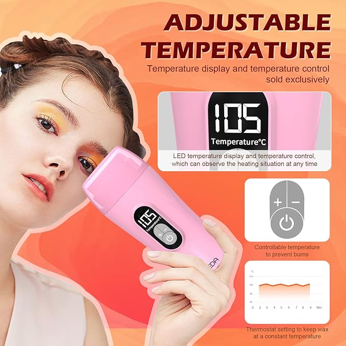 Digital Roll On Wax KitHoney Thermostatic Roller Waxing Kit for Sensitive Skin Depilatory Soft Wax Warmer with 2 Cartridge Refill 10 Wax-removing wipes and 100pcs Wax Strips