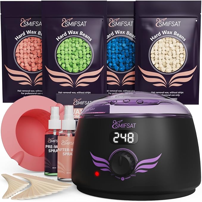 Waxing kit for women Digital Hard Wax Warmer with 4 Packs of Natural Wax Beans (14.1oz) Silicone Bowl and Waxing Accessories Professional for Bikini Face Brazilian Body and Home Salon - Black