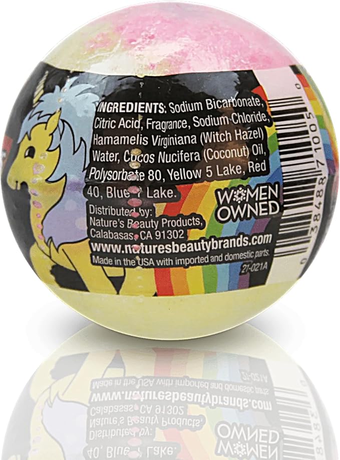 Nature's Beauty Unicorns &amp Rainbows Pink Jasmine &amp Strawberry Scent Bath Bomb for Kids Multi-Pack - Natural Non-Staining Fun Bubbly Fizzy Spa Bomb Made w/Coconut Oil + Witch Hazel 5.5oz (