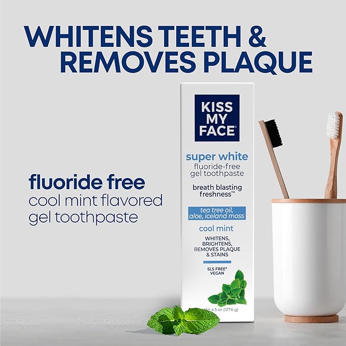 Kiss My Face Super White Toothpaste Gel Cool Mint Flavor Removes Plaque and Stains Teeth Whitening Toothpaste Fluoride Free Vegan 4.5 oz 6 Pack