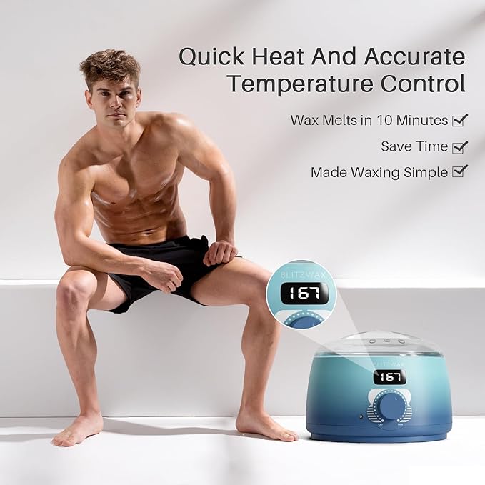 BLITZWAX Back and Nose Waxing Kit for Men Hard Wax Warmer for Brazilian Body and Face At Home Hair Removal Kit Beginner Friendly Quick Heating 93 Accessories Blue Waves