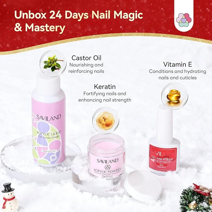 SAVILAND Acrylic Nail Kit Christmas Advent Calendars: Premium Acrylic Nail Kit with Nail Drill Xmas Stickers 24 Days Christmas Manicure Gift Set For Women Girls Limited Winter Holiday Gifts