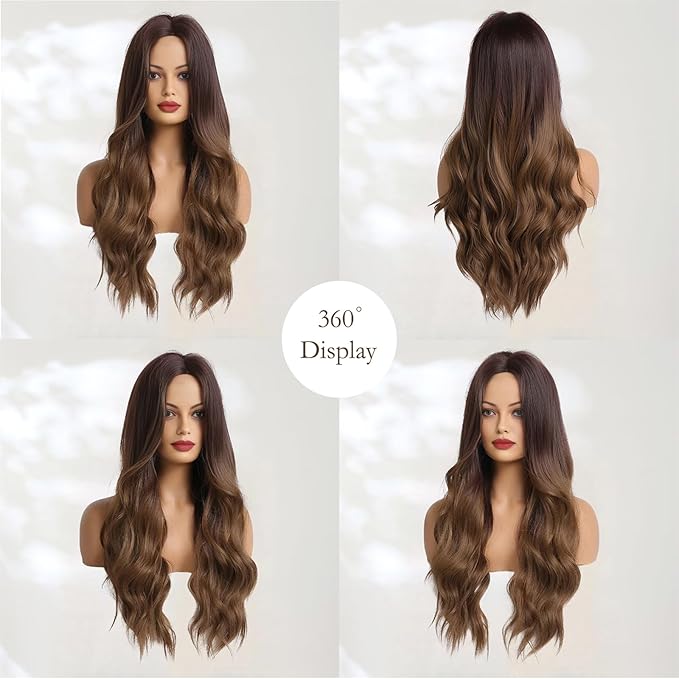 Haoland Long Ombre Brown Wavy Wig for Women 26 Inch Middle Part Curly Women's Charming Synthetic Wig with Natural Wavy Brown Heat Resistant Hair for Wedding Daily Party Use