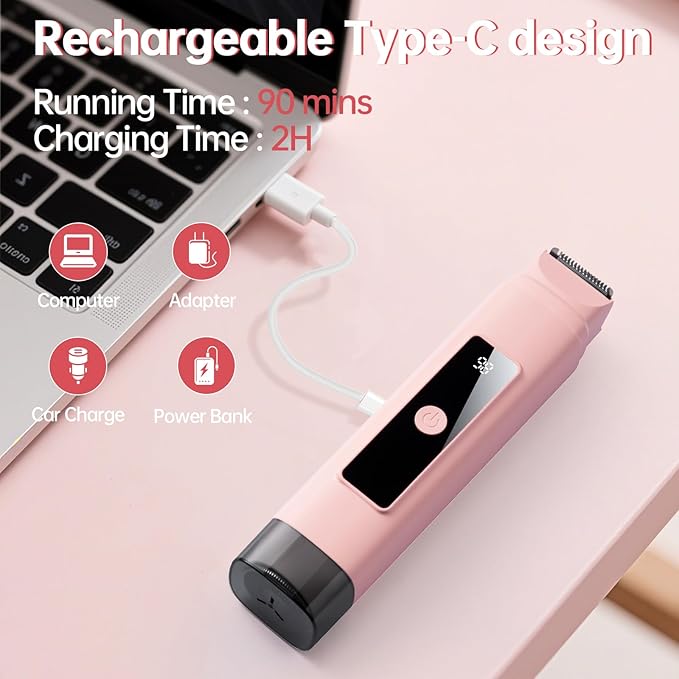 Bikini Trimmer for Women: 2-in-1 Electric Shaver with Digital DisplayIPX7 Waterproof &amp Easy Cleaning&amp Travel Lock - Dual Head Trimmer for Underarms Legs Face (Pink)