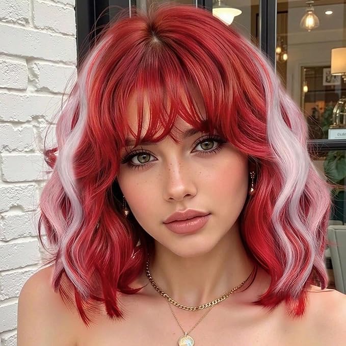 AISI HAIR Red Mix Pink Synthetic Wavy Curly Bob Wig with Bangs Short Wavy Hair for Women Synthetic Heat Resistant Bob Wigs