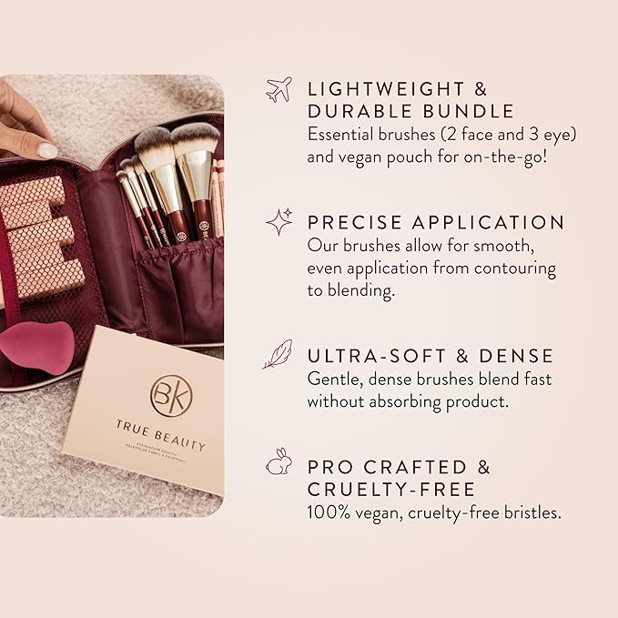 BK BEAUTY Travel Brush Set with Pouch 5-Piece Vegan Cruelty-Free Brushes for Face &amp Eyes | Lightweight Durable Makeup Brushes in Vegan Leather Pouch Perfect Travel-Size Makeup Brush Set