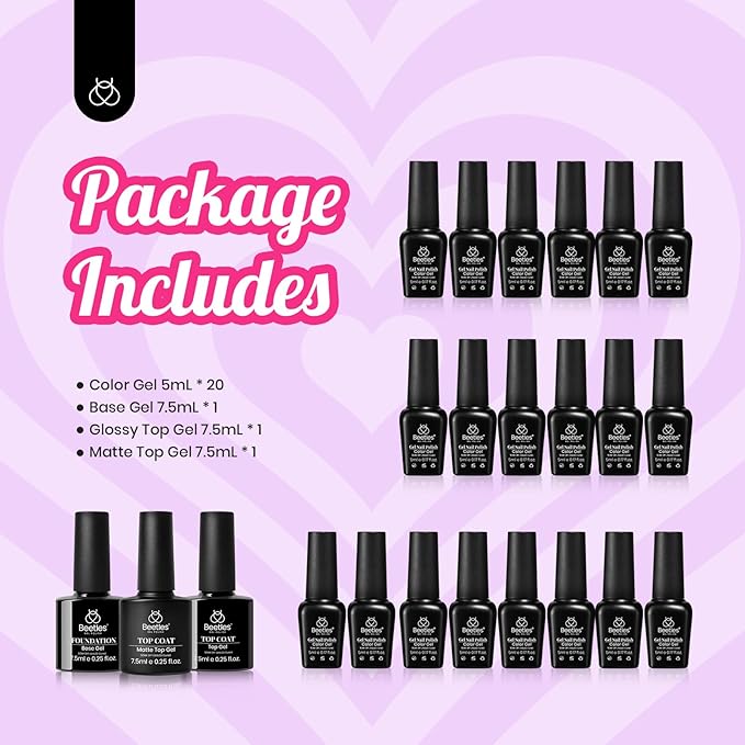 Beetles Pink Gel Nail Polish Red Purple Nude Blue Glitter 20 Colors Gel Polish Set Romance Rebellion with Base &amp Top Coat Soak off Uv LED Cured Nail Art Design Salon Home Gift for Women