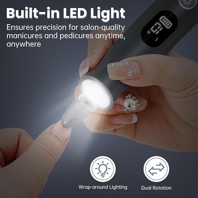 Electric Nail Drill Cordless 2000 mAh Rechargeable Portable Nail File 12 in 1 Kit for Thick Toenails 10 Speeds Nail Dril Machine Professional Manicure Pedicure for Hand Natural Nails Care (Grey)