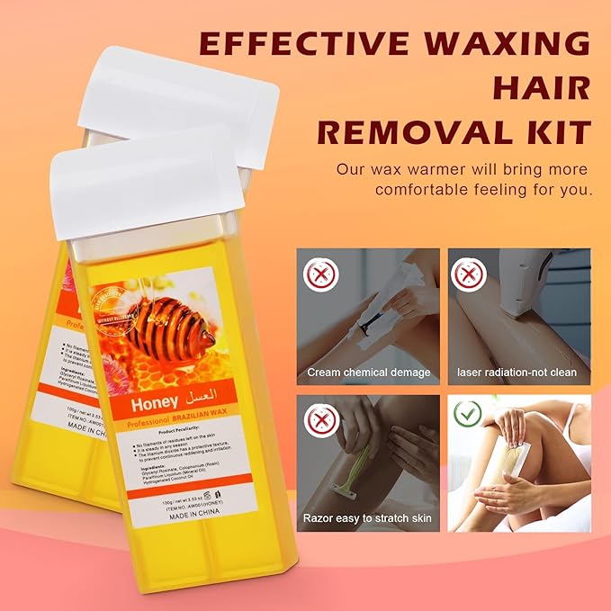 Digital Roll On Wax KitHoney Thermostatic Roller Waxing Kit for Sensitive Skin Depilatory Soft Wax Warmer with 2 Cartridge Refill 10 Wax-removing wipes and 100pcs Wax Strips